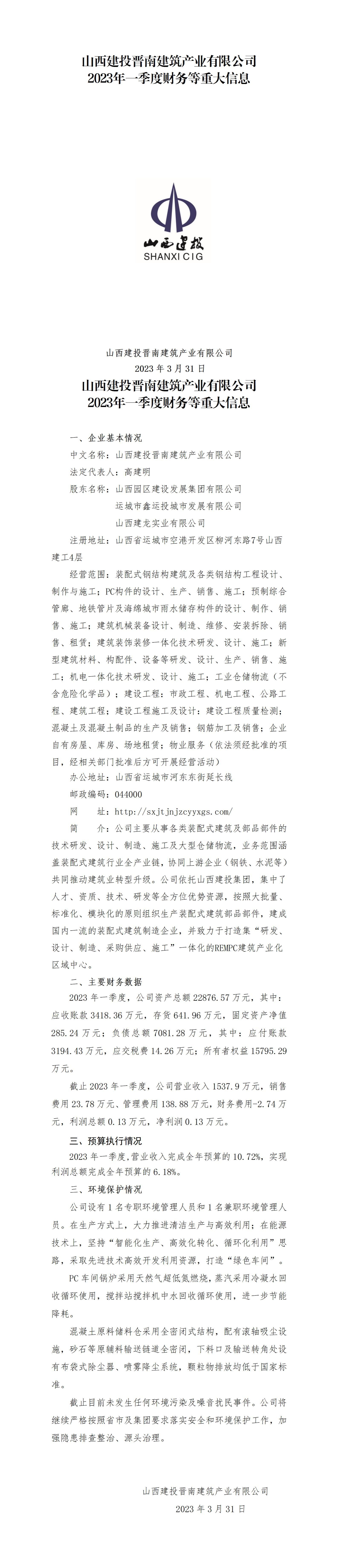 ɽ����Ͷ�����޽���ҵ���޹�˾2023��һ���Ȳ�����ش���Ϣ