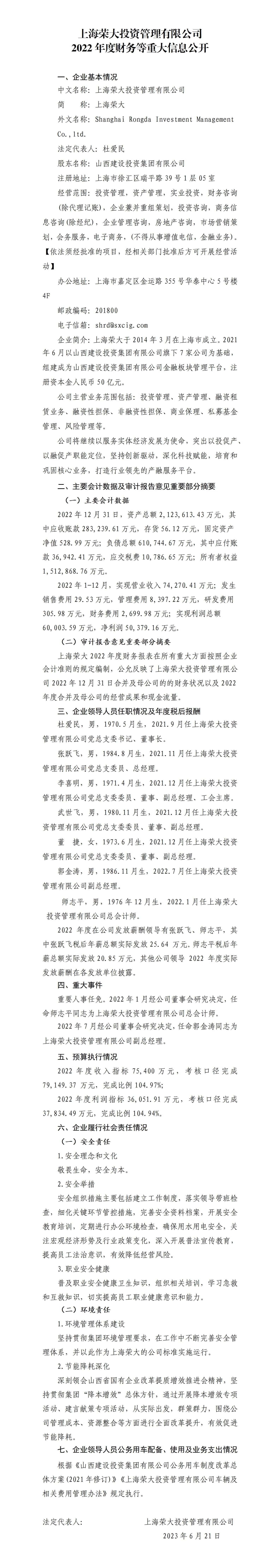 �Ϻ��ٴ�Ͷ���������޹�˾2022��Ȳ�����ش���Ϣ����