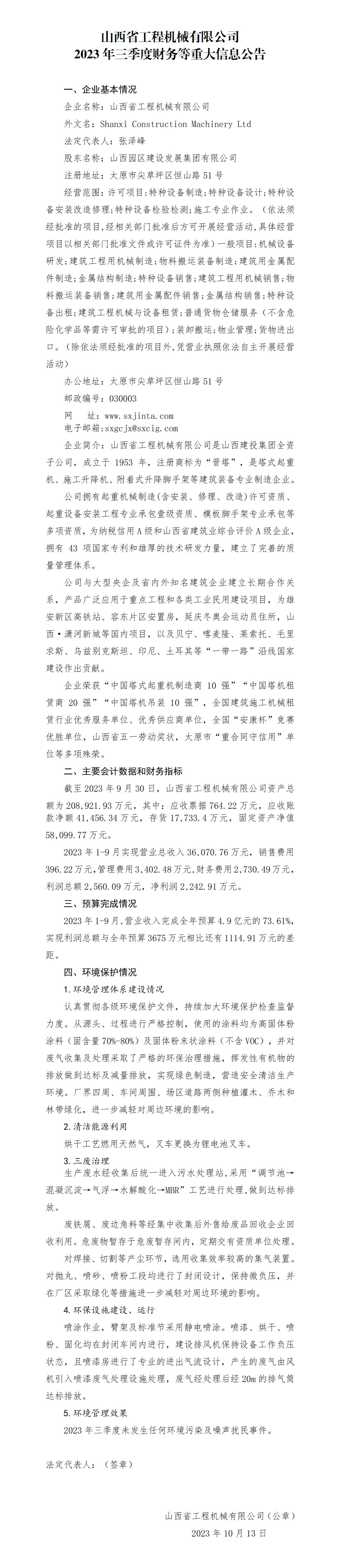 ɽ��ʡ���̻�е���޹�˾2023�������Ȳ�����ش���Ϣͨ��